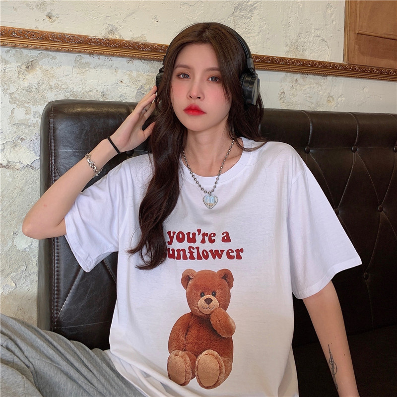 Real price round neck loose little bear letter print versatile short sleeve