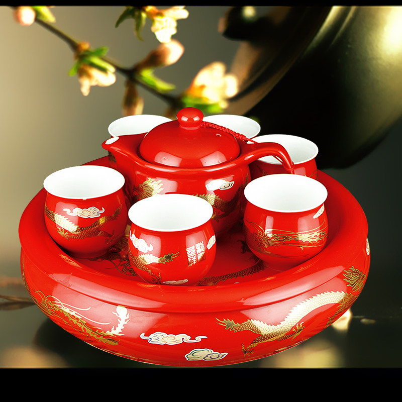 中国红瓷整套功夫茶具  醴陵红茶具茶盘套装沁园春诗词  婚庆茶具