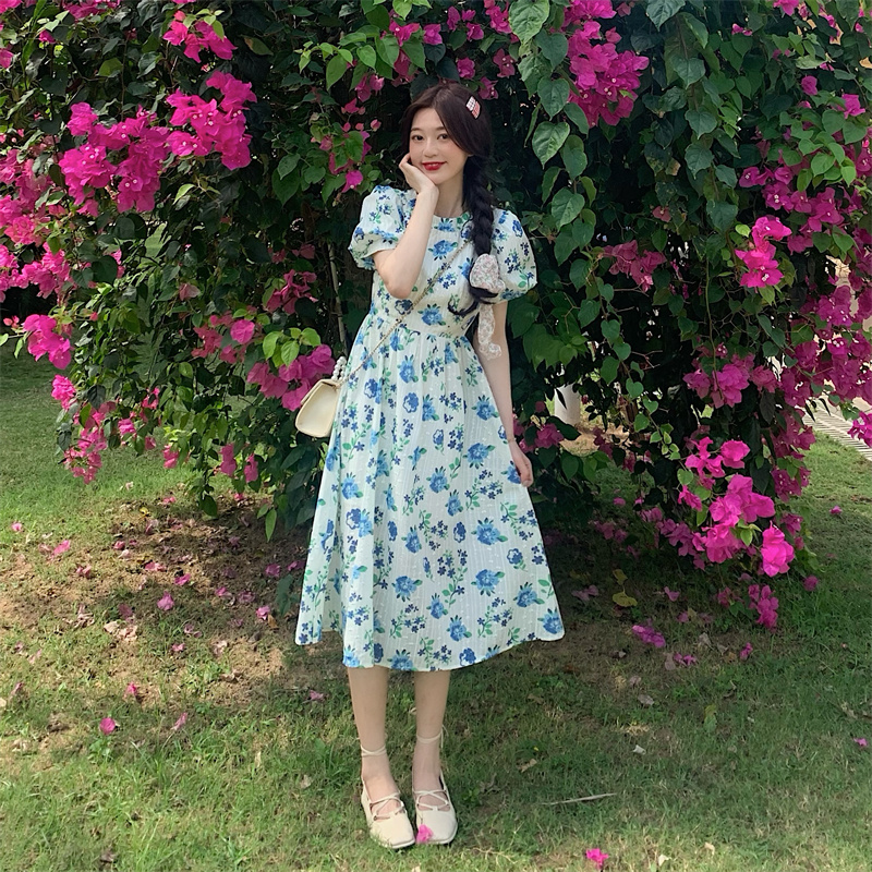 Real shot real price Korean version thin French foam sleeve Floral Dress