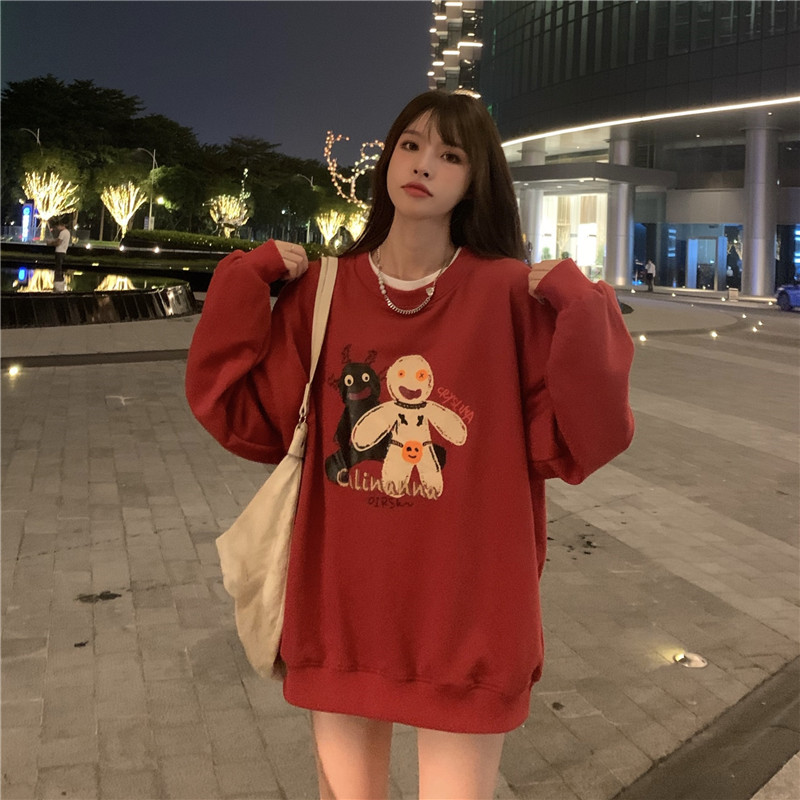 Real shot real price Korean loose casual lazy printed sweater top