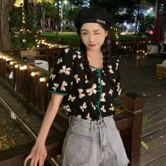 Real shot real price Korean version small fresh butterfly print short T-shirt