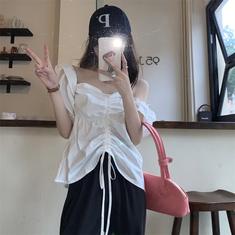 Real shot real price Korean version thin one line shoulder tuck Shirt Top