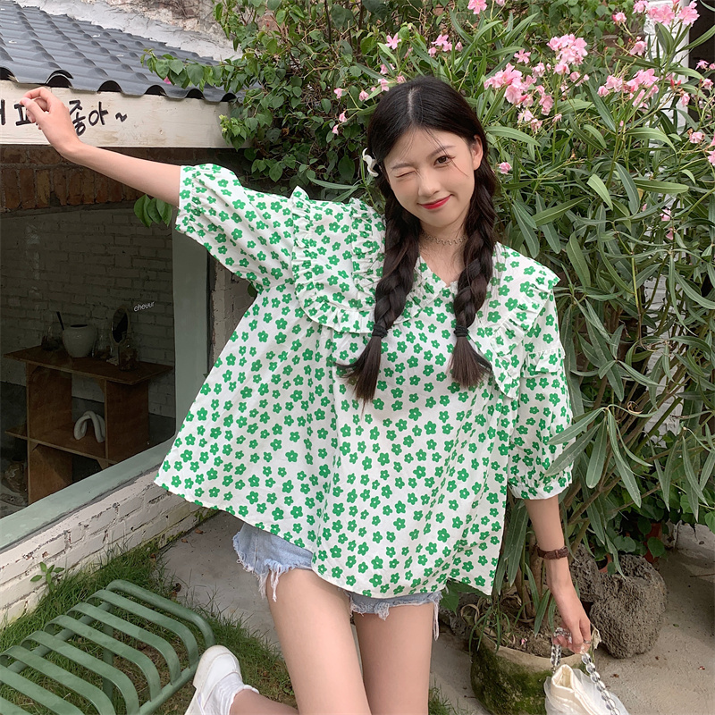 Real shot real price Korean French versatile doll collar Ruffle Shirt Top