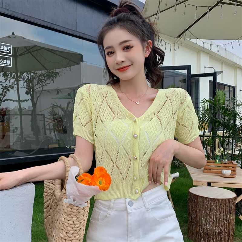 Real price Korean version loose hollow out candy color short knitted cardigan top