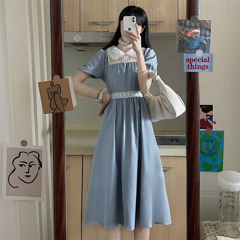 Real price Korean French retro lace patchwork doll collar waist slim dress