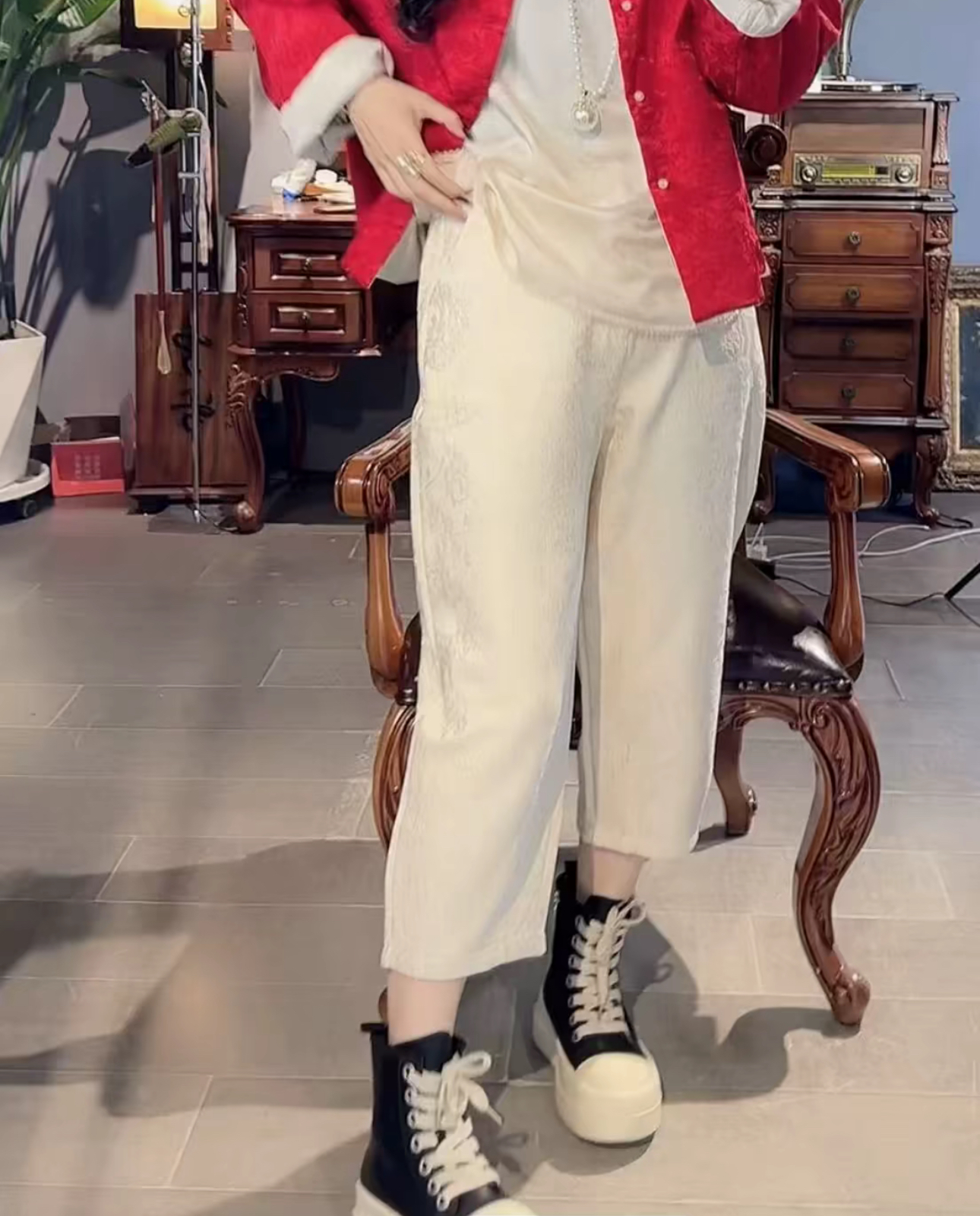 新中式国风贡缎提花加绒加厚垮裤女2025秋冬复古宽松休闲哈伦裤子