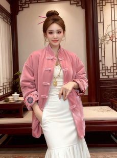 新中式 国风盘扣丝绒真丝提花双面穿加棉外套女2025冬复古棉服上衣