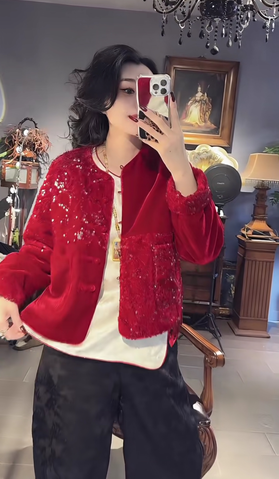 新中式国风盘扣真丝绒亮片宽松显瘦棉外套女2025秋冬复古棉服上衣