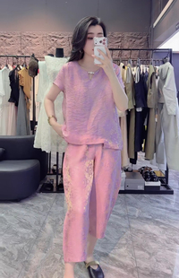 新中式国风琉璃缎提花珍珠宽松小衫上衣九分哈伦裤子套装女2026夏