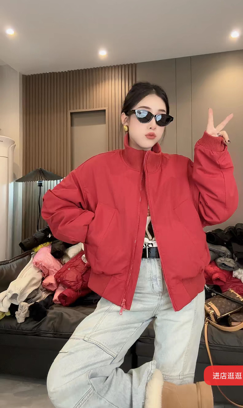 2025秋冬季新款女士黄色时尚立领夹棉棒球服外套宽松加厚夹克上衣