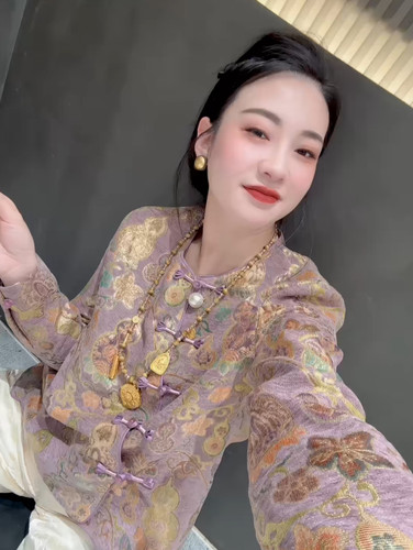 新中式国风盘扣烫金刺绣斜襟葫芦衬衣女2025秋冬复古小衫上衣外穿