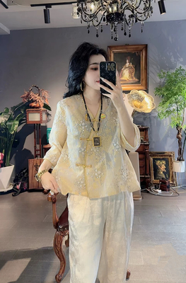 新中式国风盘扣香云纱钉珠刺绣两穿衬衣外套女2025春复古唐装上衣