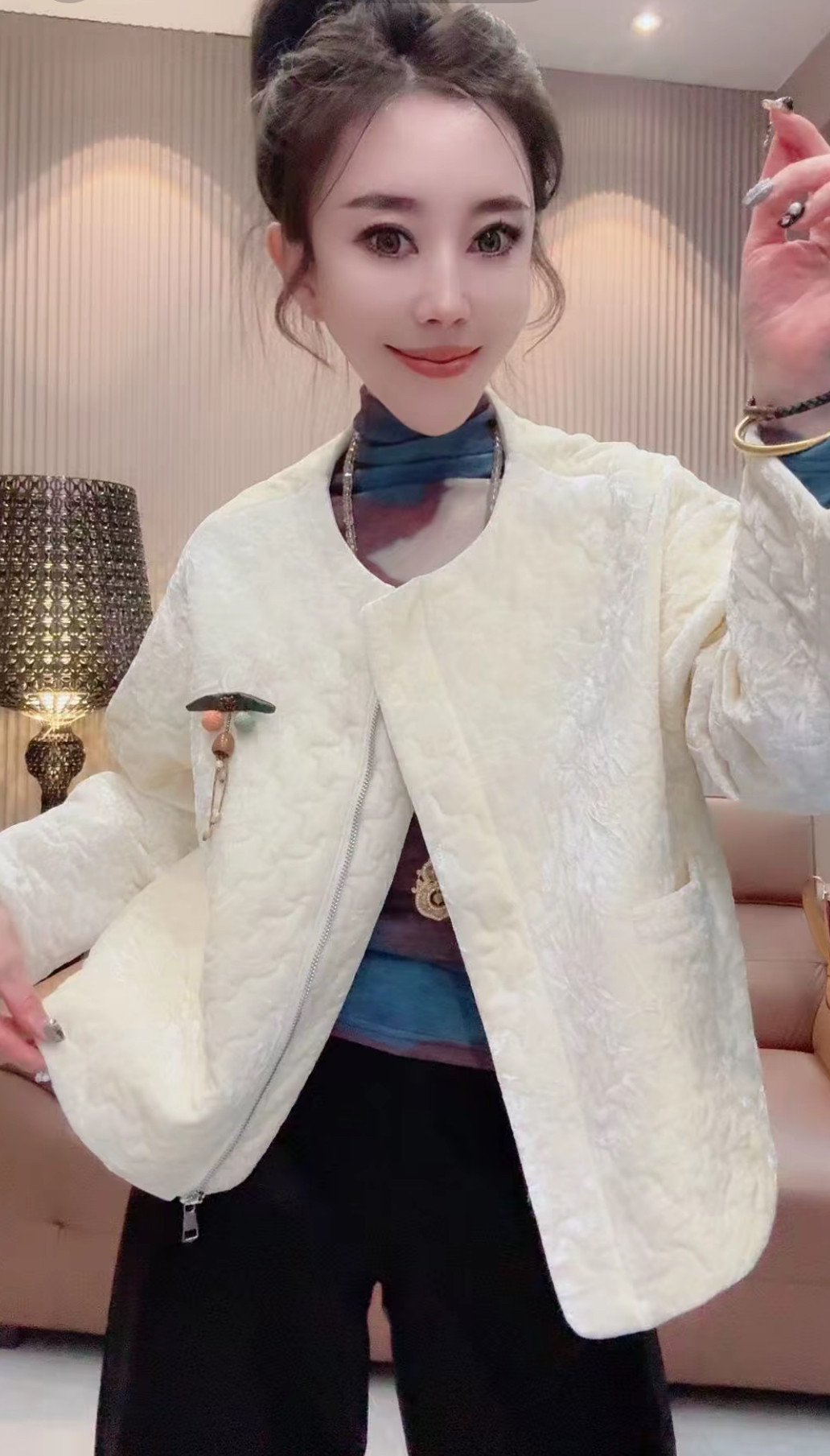 韩版圆领短款丝绒短款小棉服女2026秋冬新款小个子薄棉衣夹棉外套