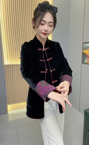 新中式国风盘扣丝绒香云纱提花撞色短外套女2024秋季复古唐装上衣
