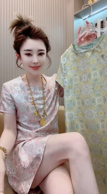 新中式国风圆领短袖贡缎提花宽松改良旗袍女2025夏季复古连衣裙子