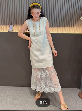 白色亚麻圆领拼接蕾丝无袖连衣裙2026新款今年流行爆款裙子中长裙