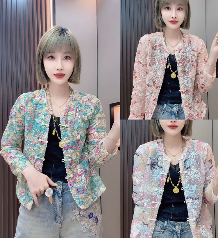新中式国风外套女春夏季小个子复古重工亮片薄款防晒夹克短款上衣