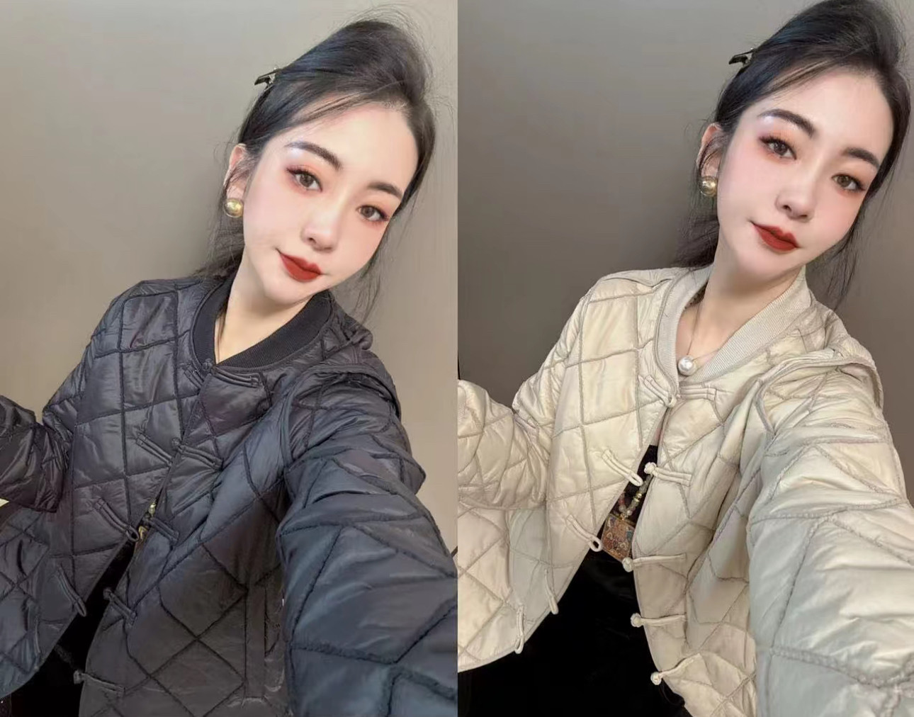 新中式国风盘扣压格加棉外套女2024秋冬薄棉夹克棉服棒球衣上衣新