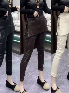 黑色显瘦高弹力铅笔裤小脚裤加绒四面弹拉链半身裙拼接长裤裤裙女