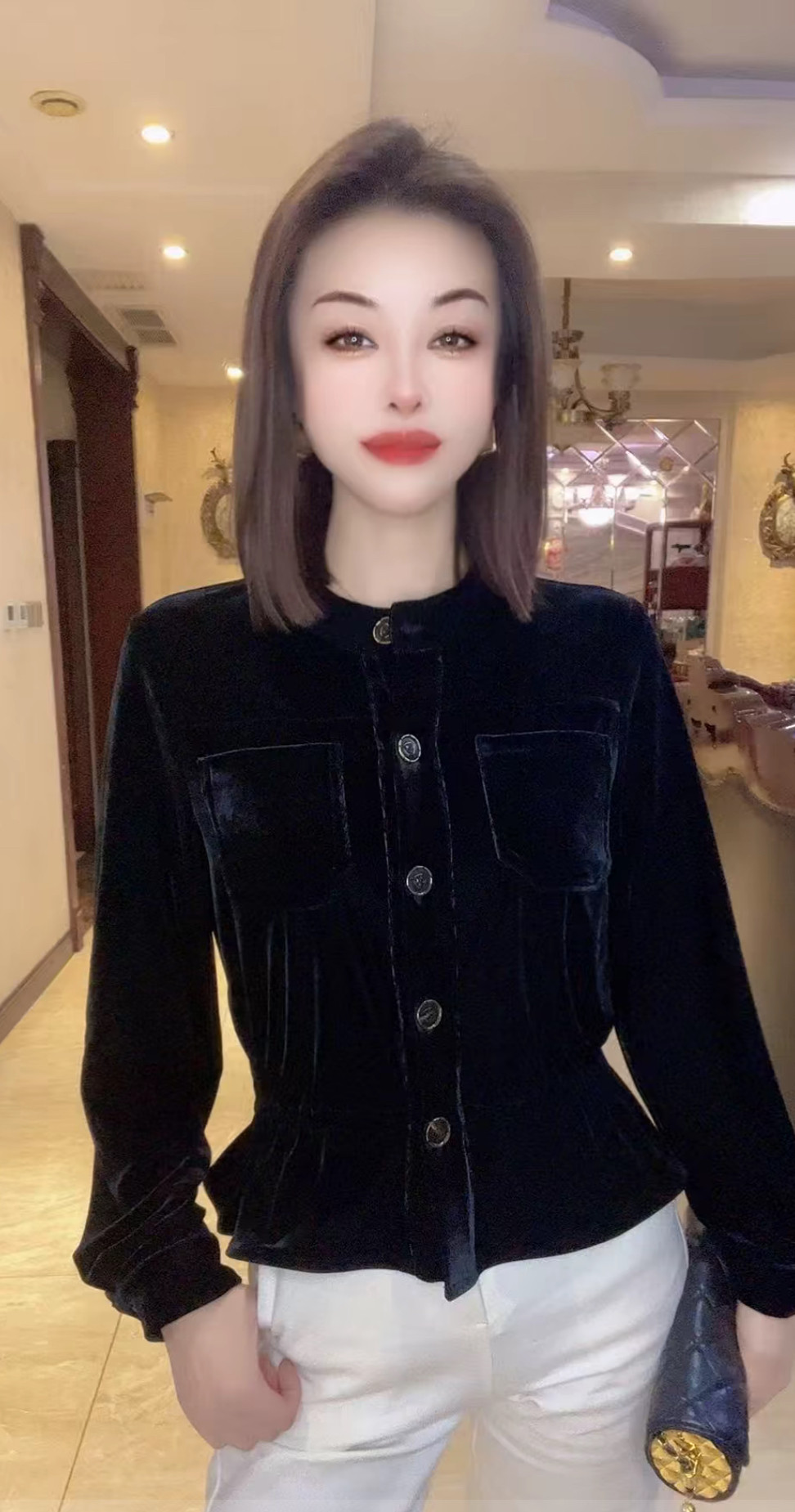 网红丝绒短外套女2026秋新款设计感腰抽绳荷叶边百搭显瘦开衫上衣