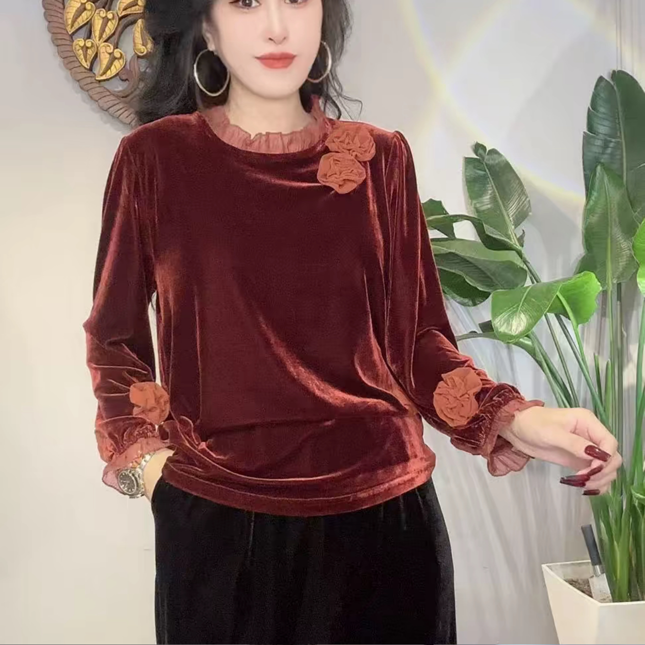 新中式国风真丝绒玫瑰圆领宽松衬衣女2025秋冬复古打底衫上衣内搭