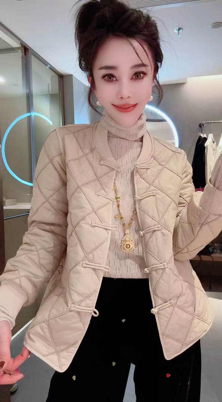 新中式国风盘扣压格加棉外套女2024秋冬薄棉夹克棉服棒球衣上衣新