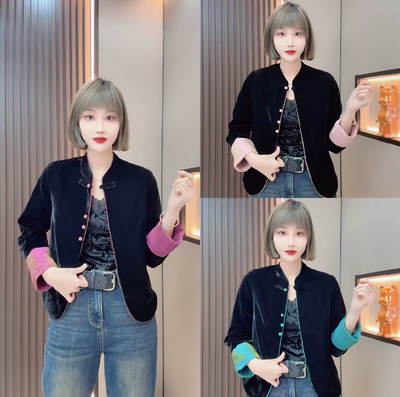 新中式国风盘扣真丝绒琉璃缎双面穿短外套女2025春秋复古唐装上衣