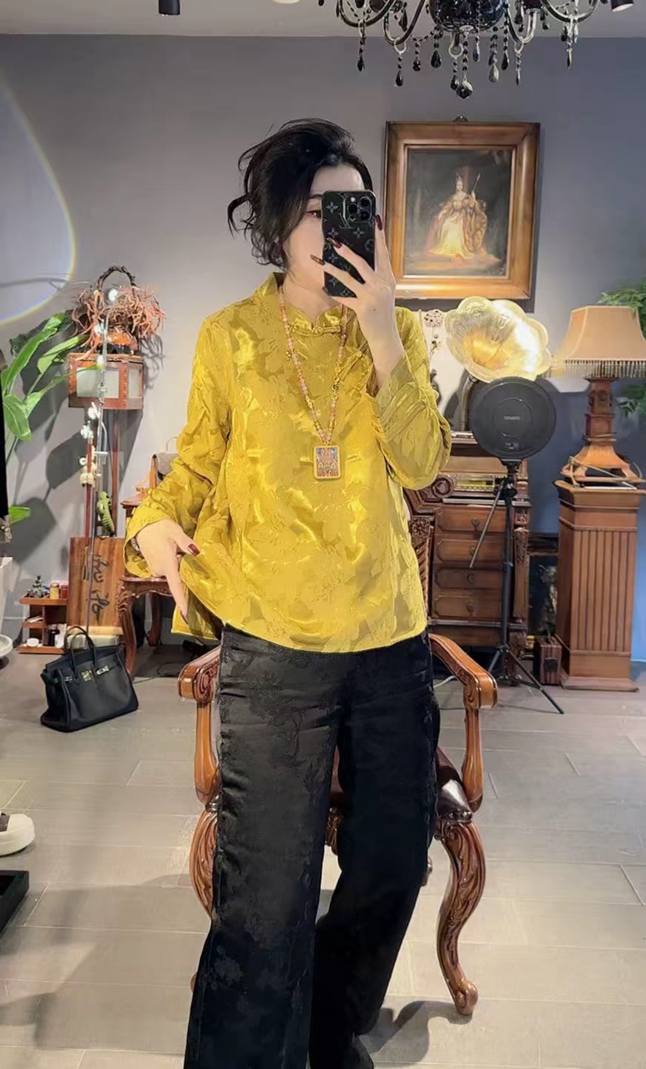 新中式国风盘扣醋酸真丝提花宽松衬衣女2025秋冬复古打底上衣内搭