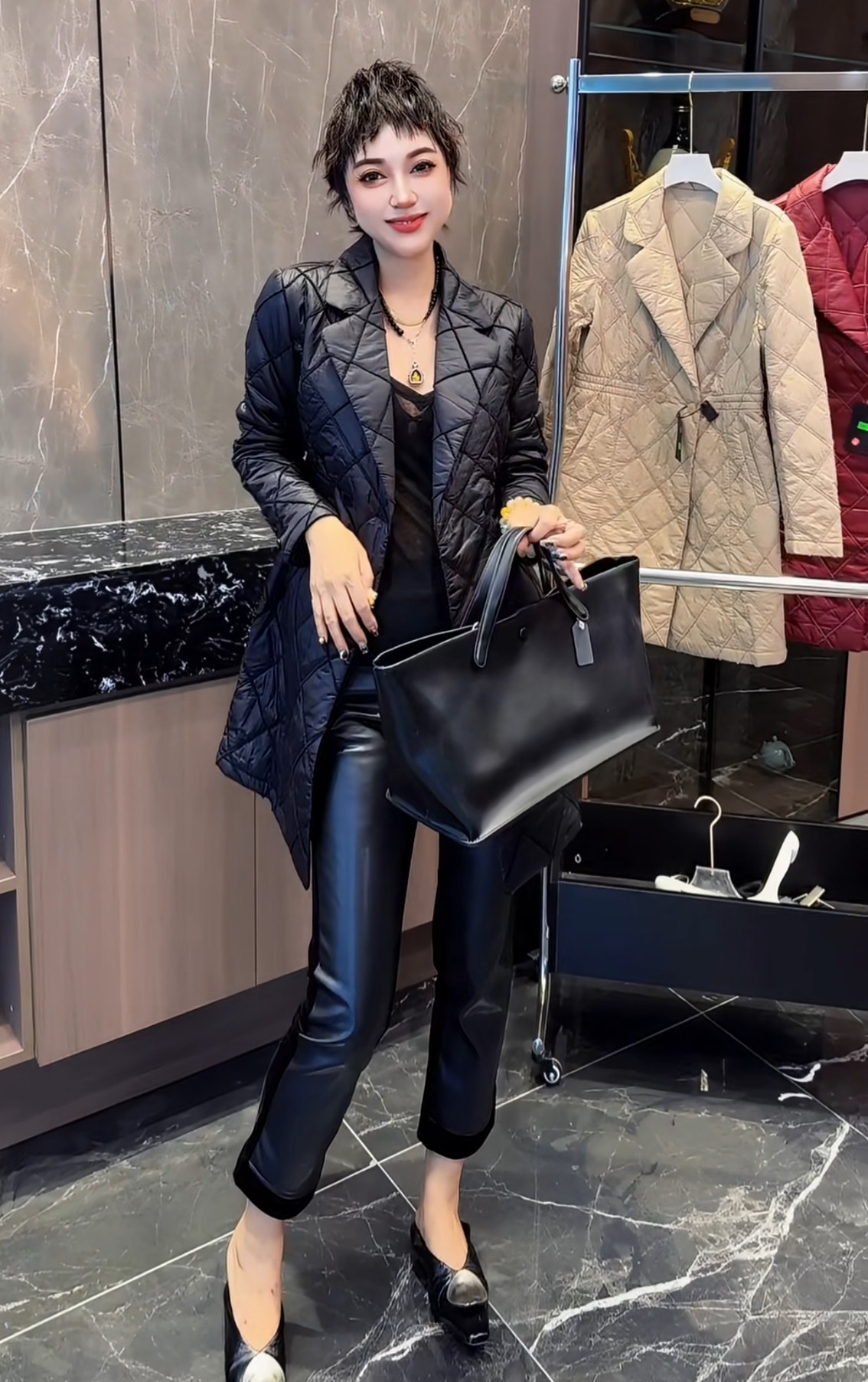 欧货时尚砸格夹棉外套女2026秋冬西服领薄棉中长显瘦上衣压缩棉服