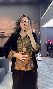 新中式 上衣 国风圆领醋酸真丝提花丝绒拼接宽松衬衣女2025秋冬小衫