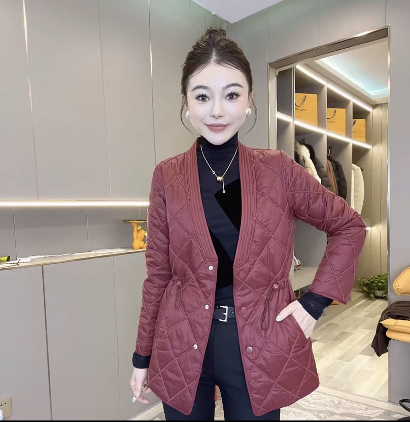 欧货时尚高级感菱形压格抽绳棉服女2024秋冬新款显瘦棉衣外套上衣