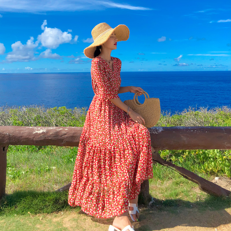 三亚旅游裙中袖沙滩裙新款超仙海边度假连衣裙显瘦长裙女海岛穿搭-封面