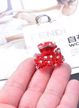 红色迷你刘海小抓夹蝴蝶结高级感亚克力水钻可爱精致轻奢韩国发抓