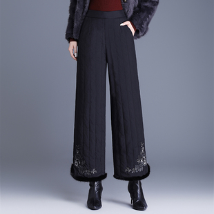 羽绒棉裤女冬季外穿妈妈时尚宽松夹棉加厚保暖裤绣花高腰直筒裤子