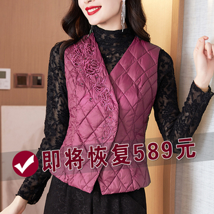 國風(fēng)刺繡羽絨棉馬甲女士2024秋冬季 媽媽外穿保暖夾棉內(nèi)搭背心馬夾