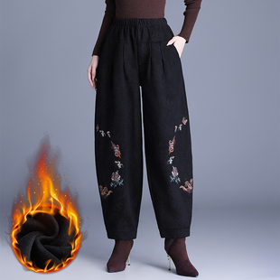 中老年民族风女裤冬季加绒加厚灯笼裤妈妈国风绣花高腰保暖棉裤子