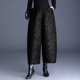 中国风高端浮雕提花阔腿裤女春秋冬季新款夹棉加厚妈妈休闲花苞裤