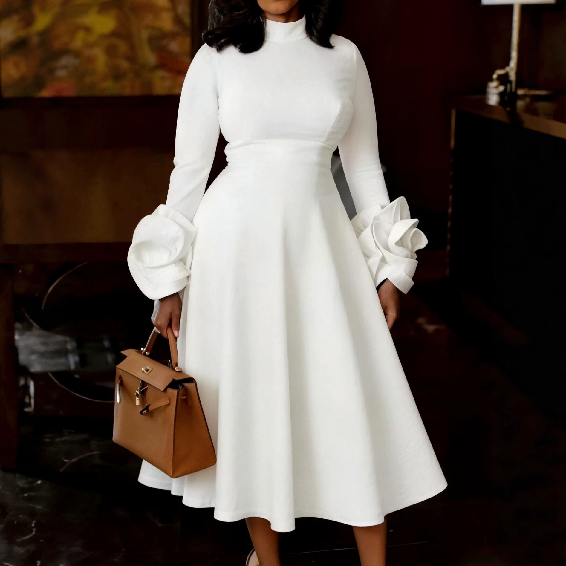 women's plus size elegant half high neck long sleeved dress图片
