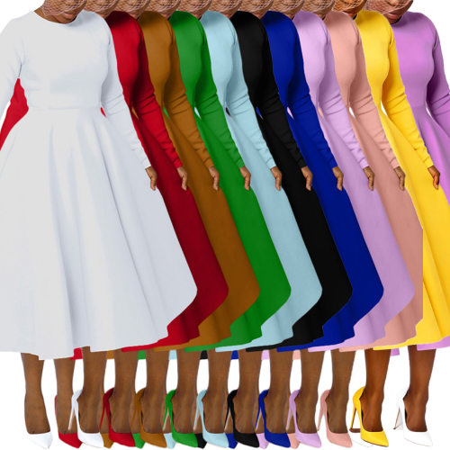 Fashion women's round neck long sleeved dress party skirt
