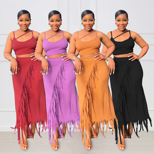 trendy 2 piece for women design sexy singlet tassel skirt
