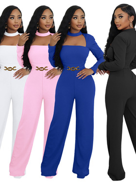 2025 New fashion V-neck wide-leg jumpsuit women Long sleeves