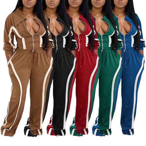 Women striped cardigan jacket straight leg pants casual suit