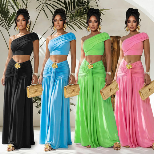 Fashion Women's Sexy Off-Shoulder Belly-Baring Top Skirt Set