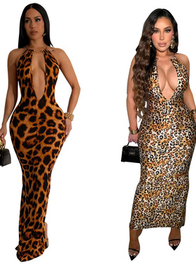 Women's fashion leopard print sexy dress hip skirt backless