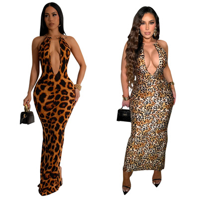 Women's fashion leopard print sexy dress hip skirt backless