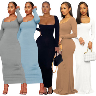 classy long sleeve plain dress for women solid color skirt