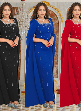 2026 Fashion women's cape sleeve rhinestone elegant dress