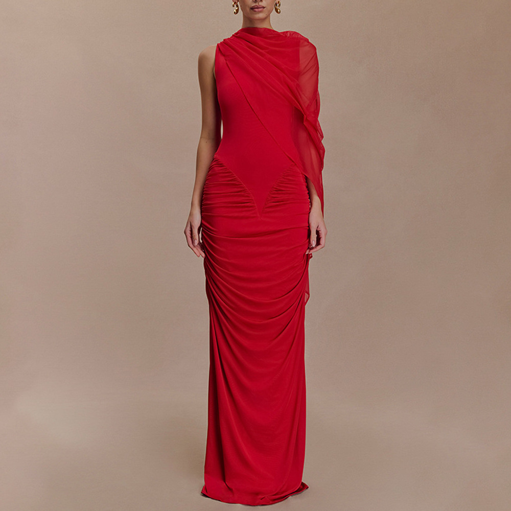 fashion mesh shawl, sexy hip round-neck figure-hugging dress