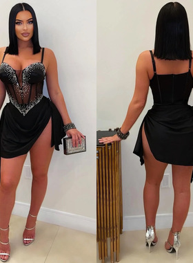 2026 Women's elegant V-neck suspender sexy Hot Drill dress
