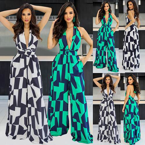 halter stripe jumpsuit for banquet women sexy Siamese pants
